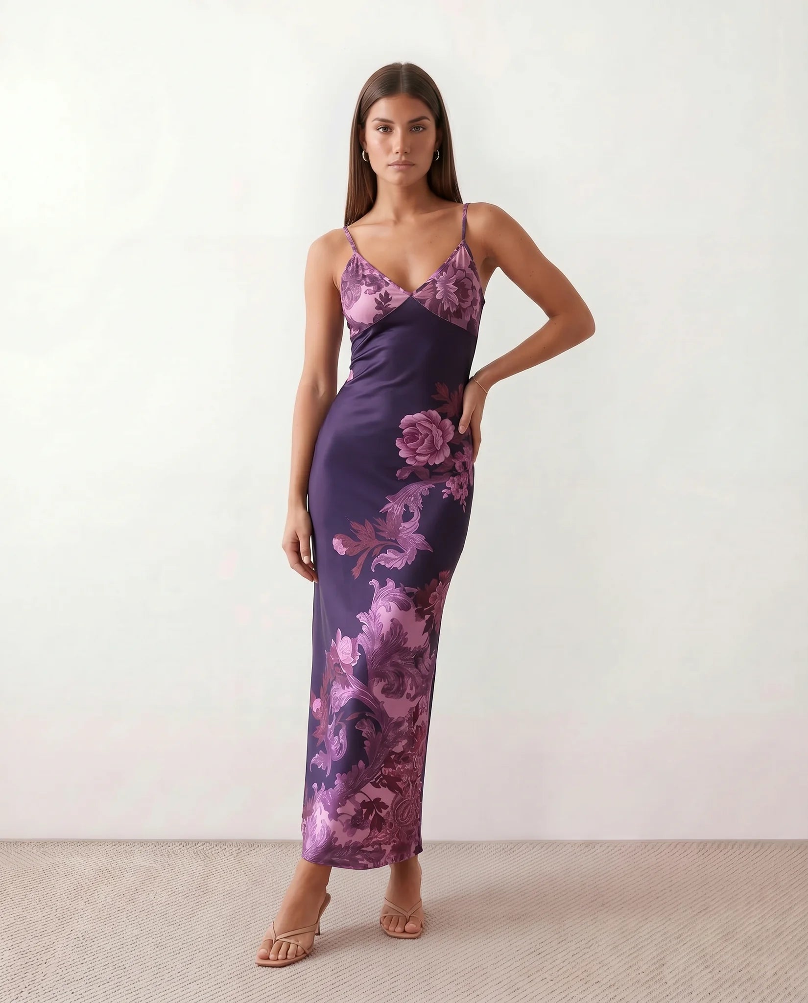 Milota Wedding Guest Glossy Maxi Dress in Floral Purple — front view