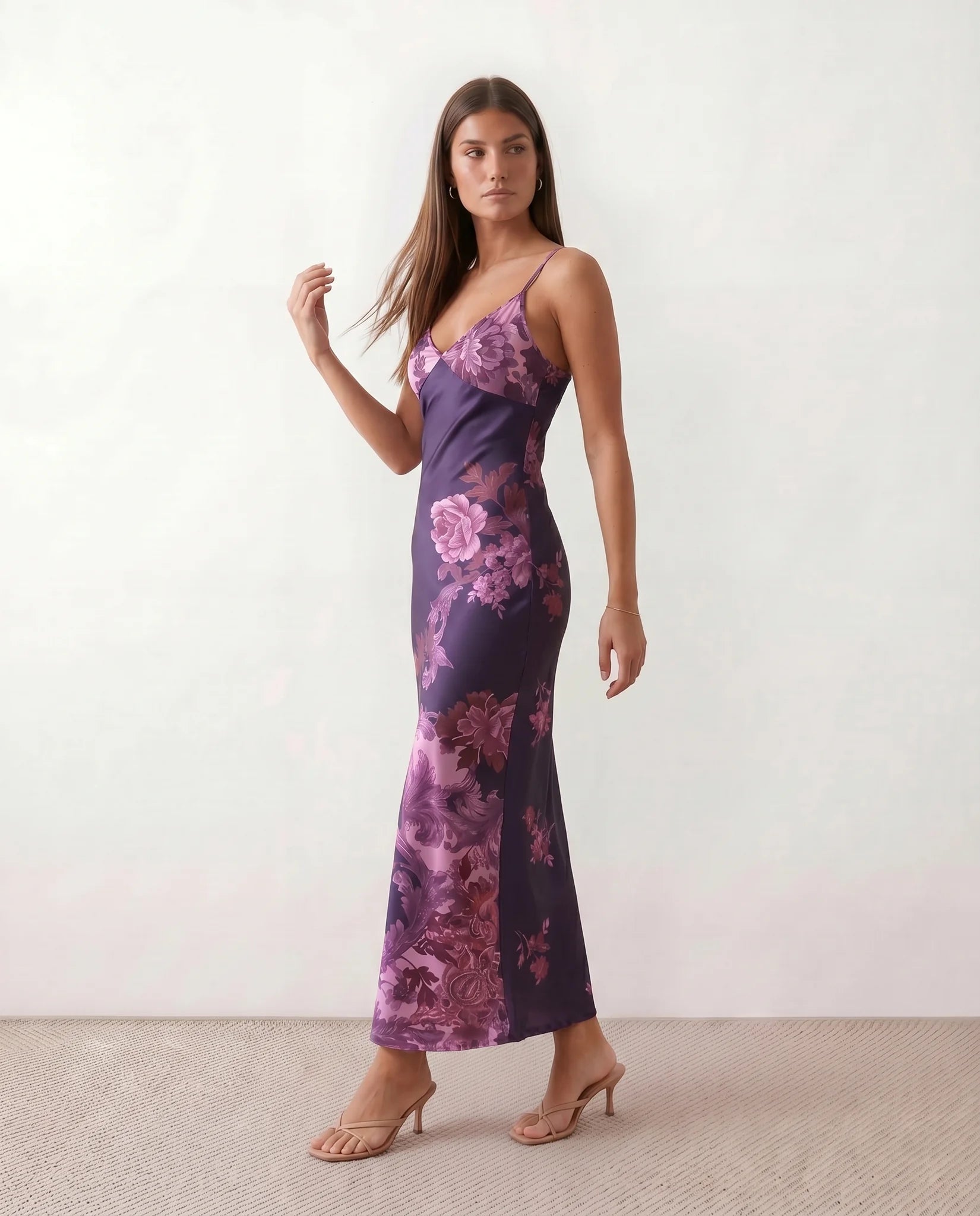 Milota Wedding Guest Glossy Maxi Dress in Floral Purple — side view