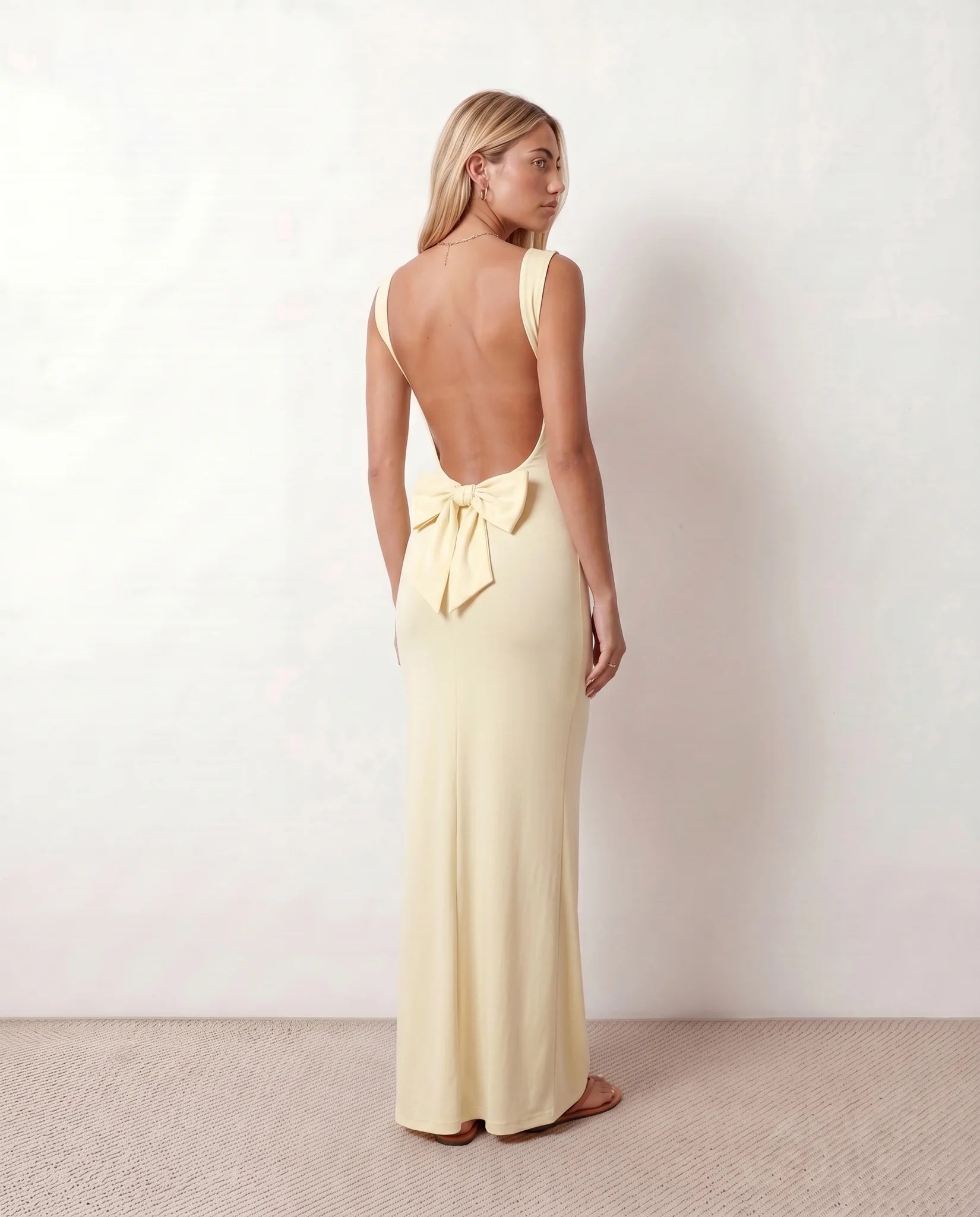 Aline Cocktail Cowl Neck Maxi Dress in Beige — back view