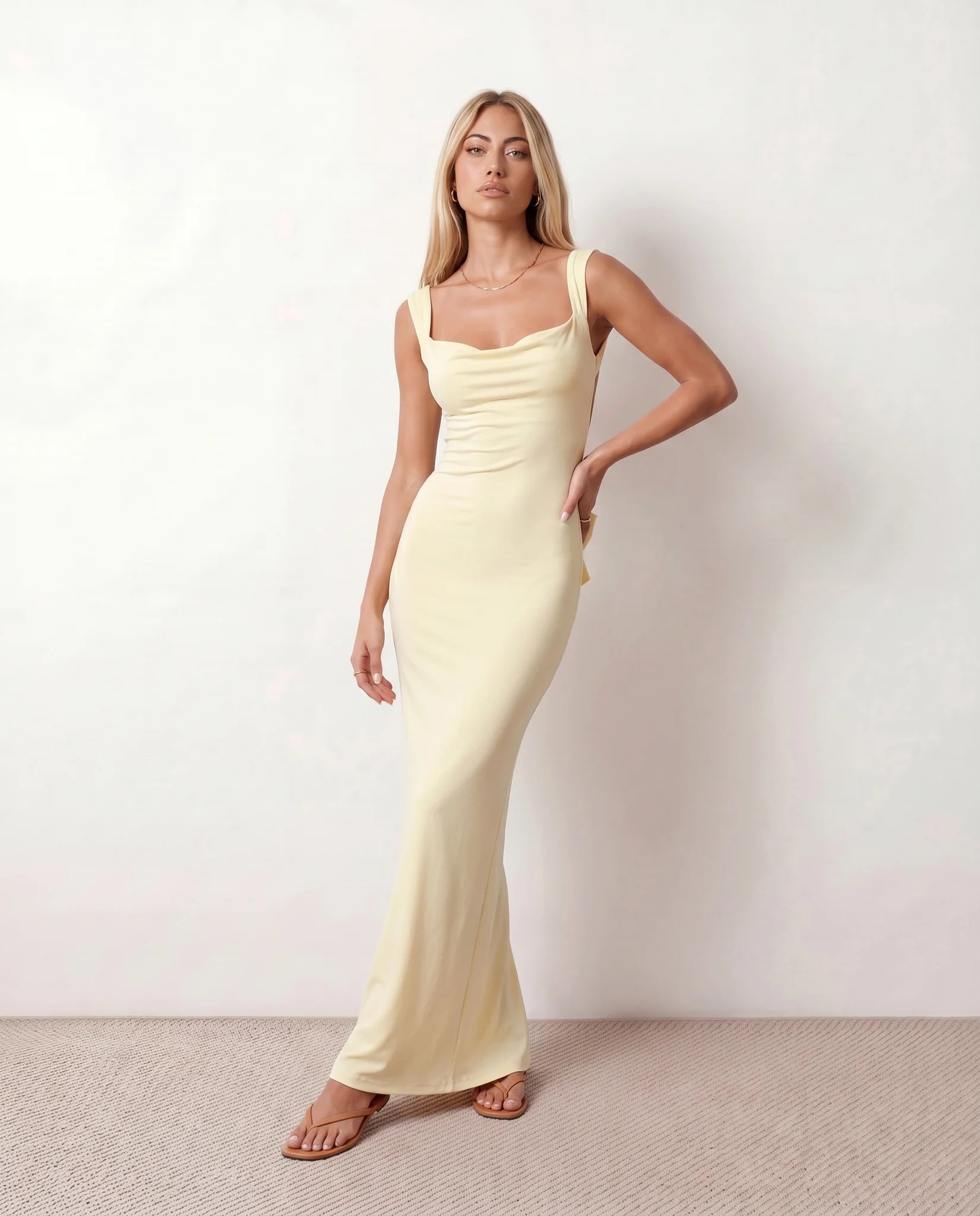 Aline Cocktail Cowl Neck Maxi Dress in Beige — front view