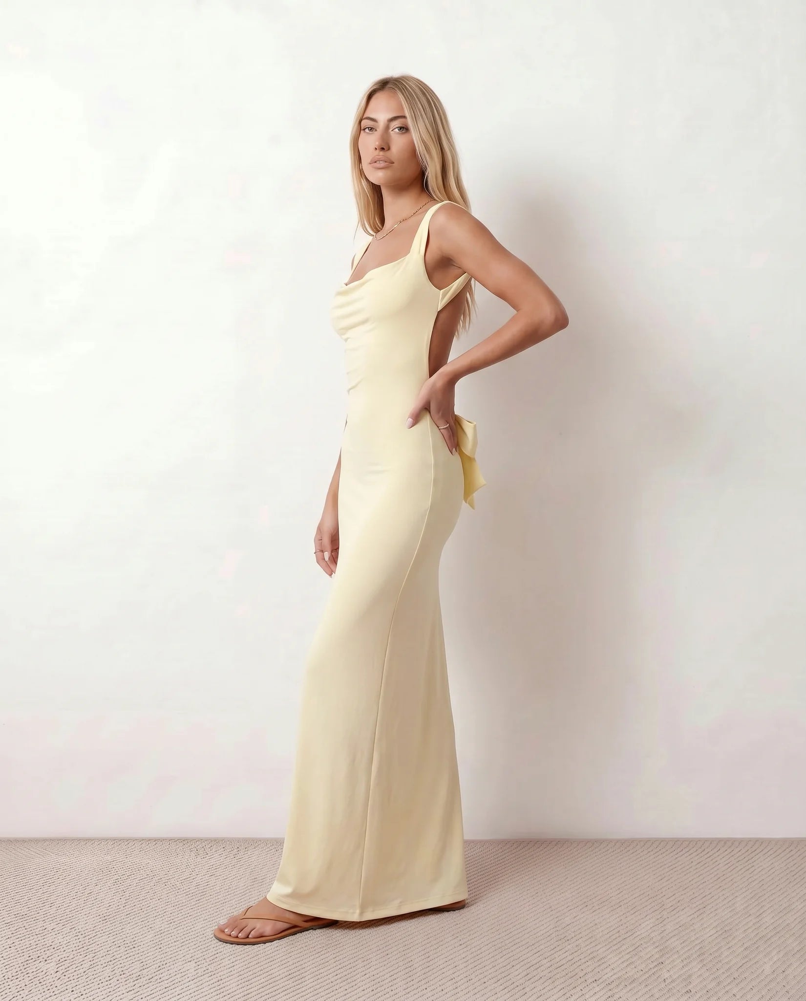 Aline Cocktail Cowl Neck Maxi Dress in Beige — side view
