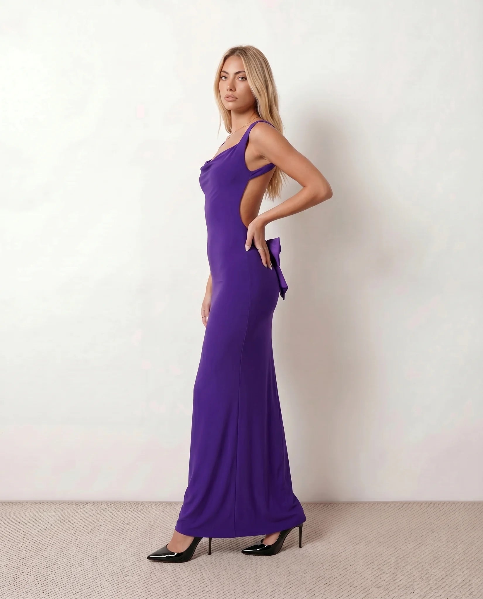 Aline Cocktail Cowl Neck Maxi Dress in Purple — side view
