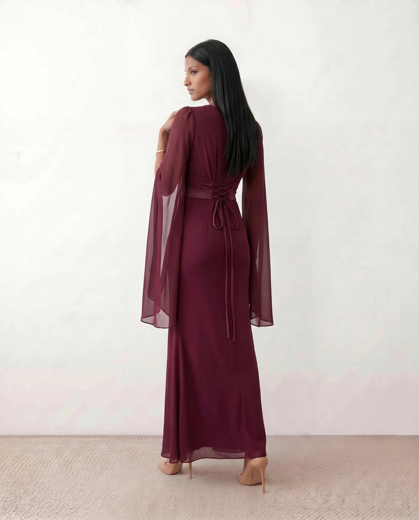 Kamila Wedding Guest Boat Neck Maxi Dress in Burgundy — back view