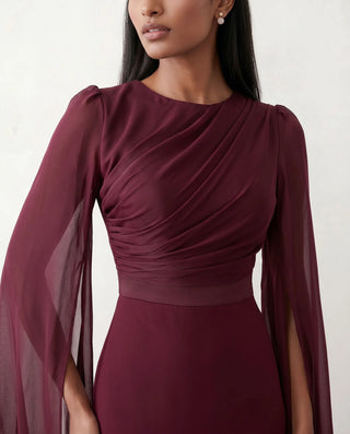 Kamila Wedding Guest Boat Neck Maxi Dress in Burgundy — detail close-up