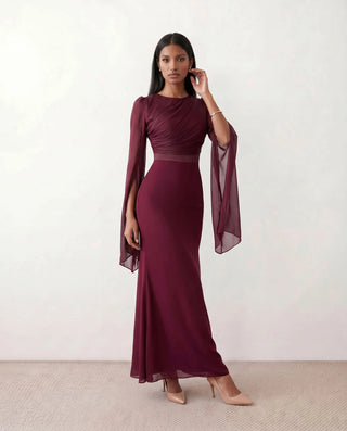 Kamila Wedding Guest Boat Neck Maxi Dress in Burgundy — front view