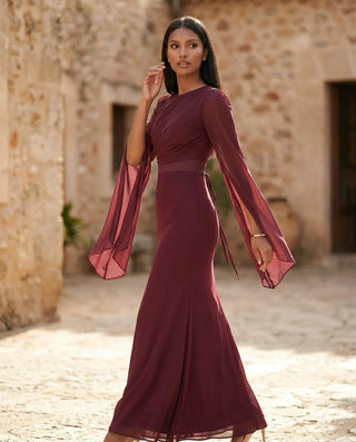 Kamila Wedding Guest Boat Neck Maxi Dress in Burgundy — lifestyle movement view