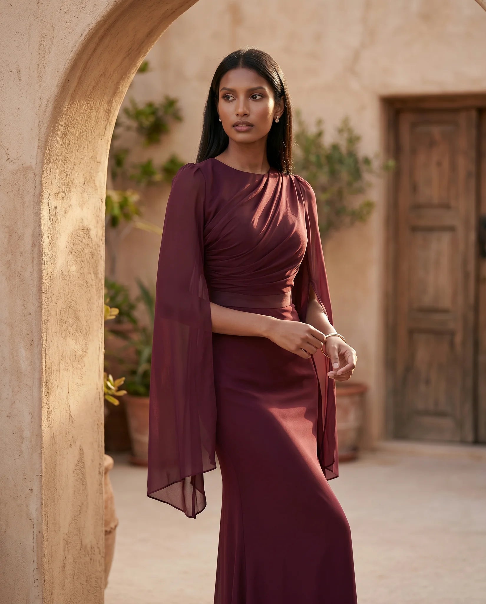 Kamila Wedding Guest Boat Neck Maxi Dress in Burgundy — lifestyle occasion view