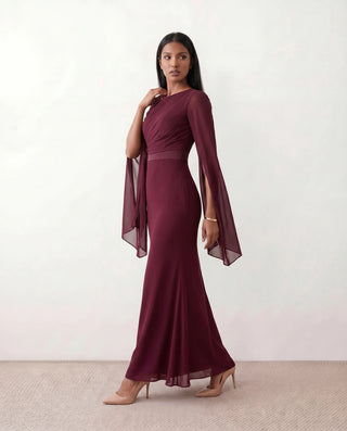 Kamila Wedding Guest Boat Neck Maxi Dress in Burgundy — side view