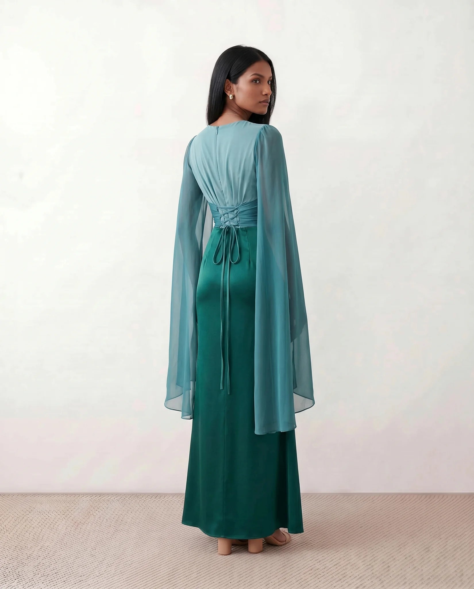 Kamila Wedding Guest Boat Neck Maxi Dress in Green — back view