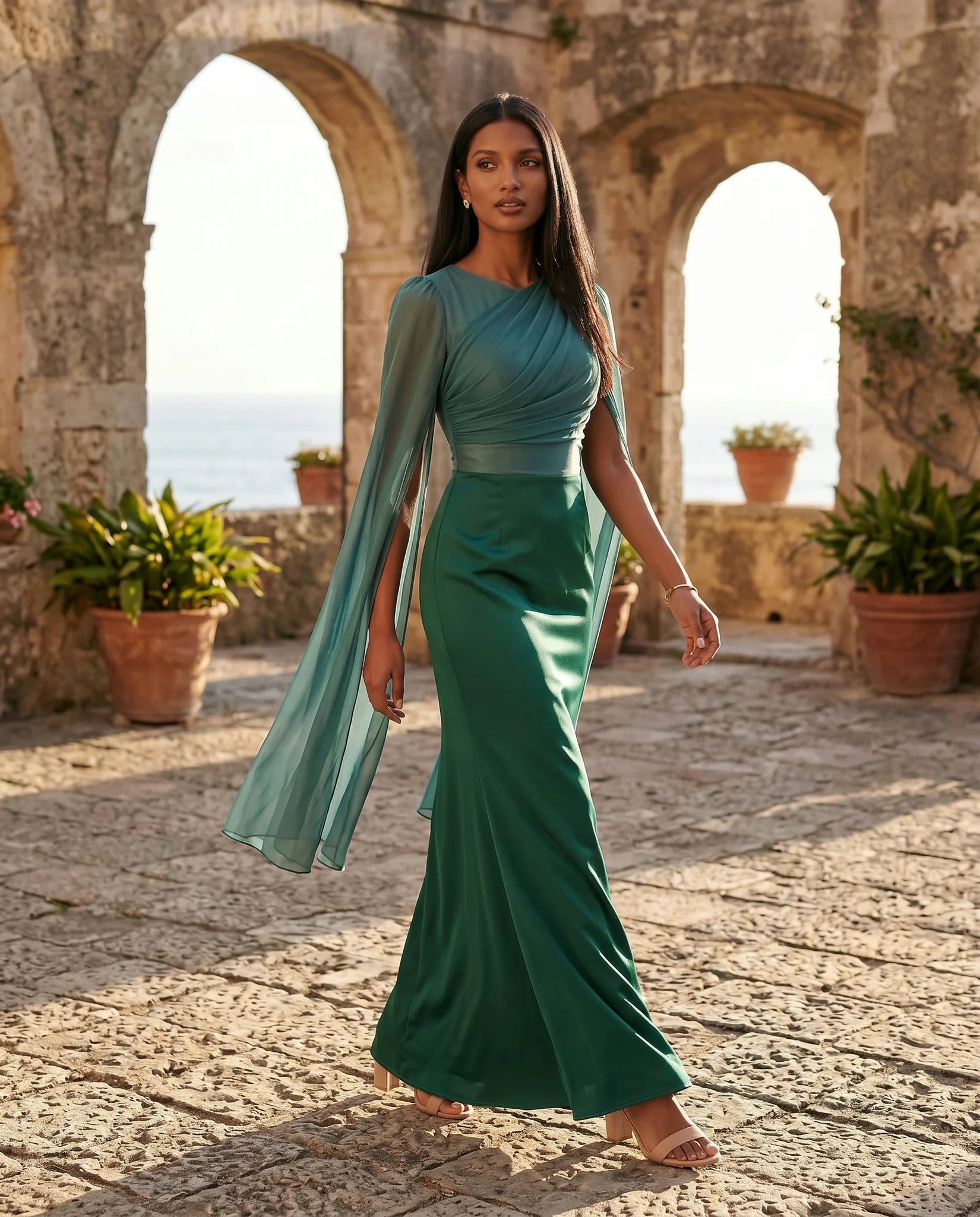 Kamila Wedding Guest Boat Neck Maxi Dress in Green — lifestyle movement view