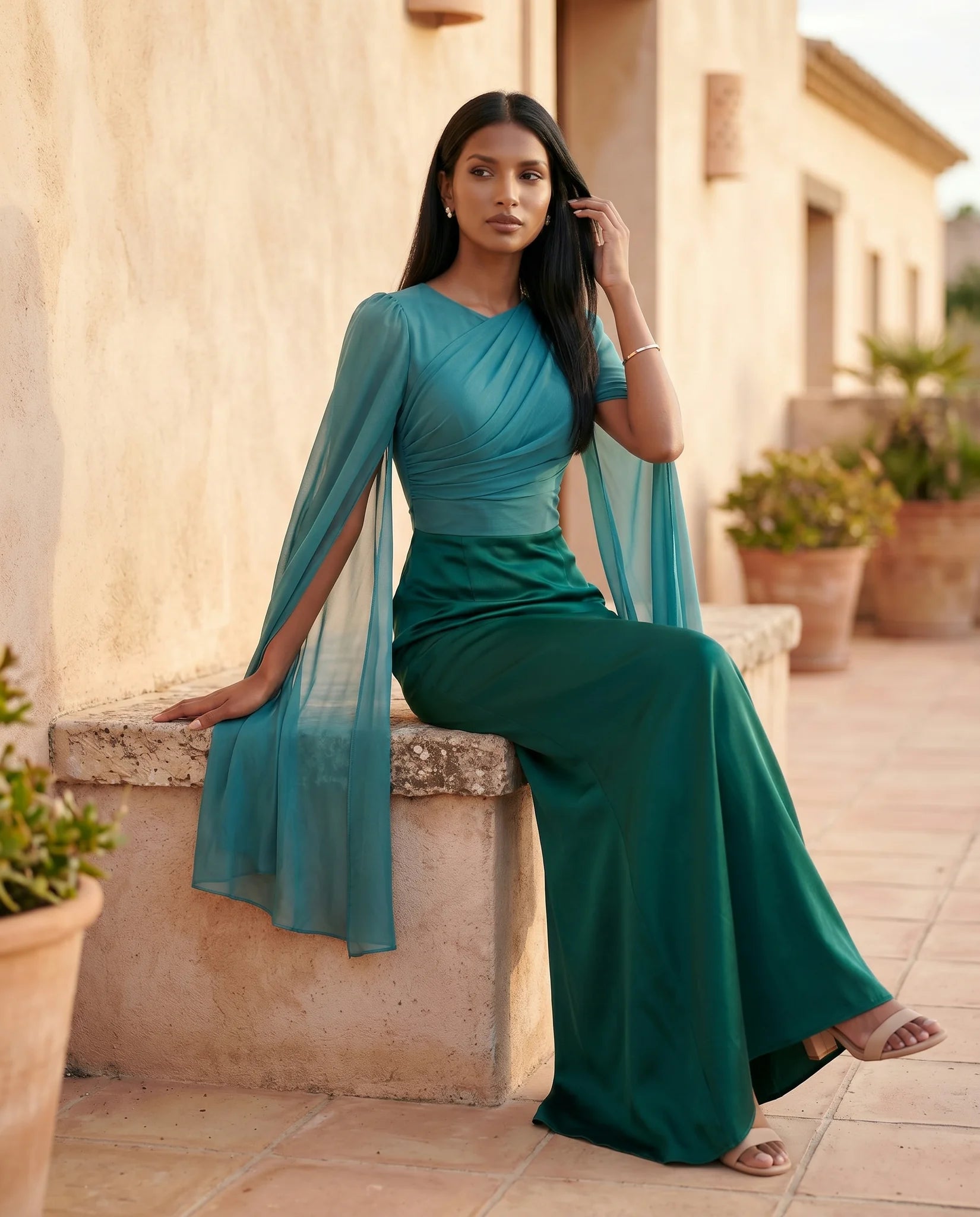 Kamila Wedding Guest Boat Neck Maxi Dress in Green — lifestyle seated view