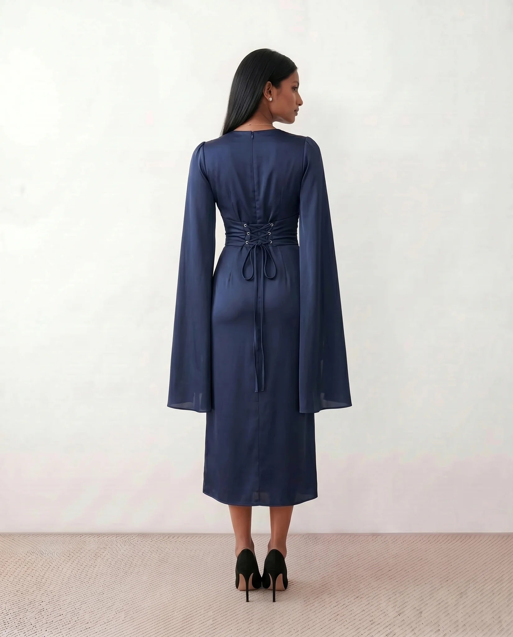 Kamila Wedding Guest Boat Neck Maxi Dress in Navy — back view