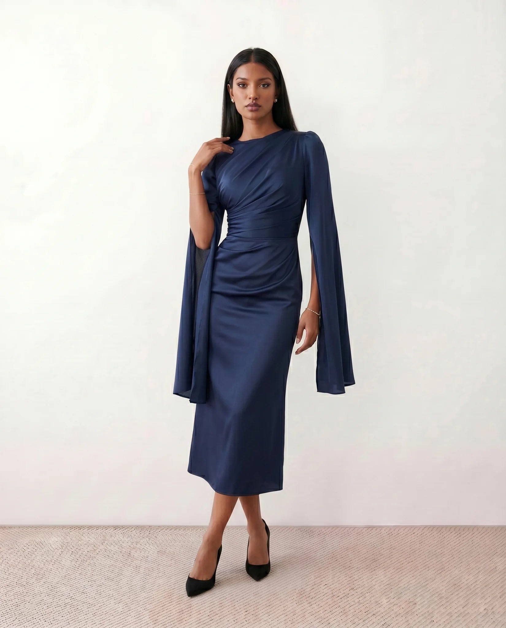 Kamila Wedding Guest Boat Neck Maxi Dress in Navy — front view