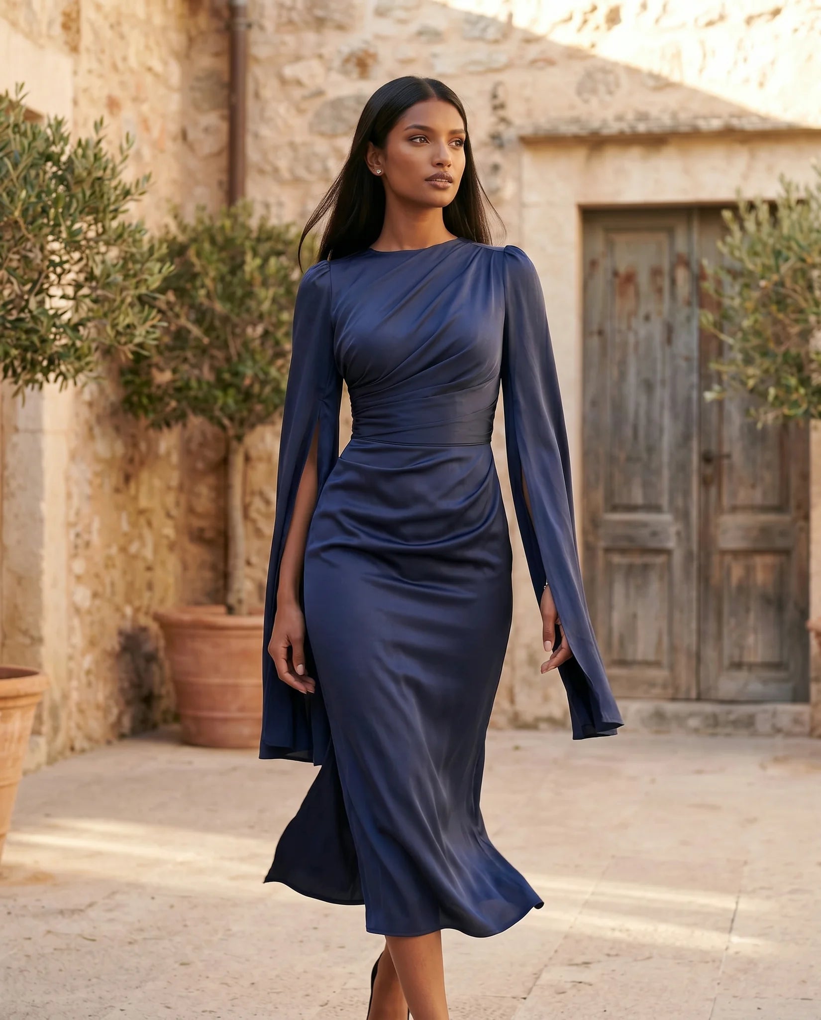 Kamila Wedding Guest Boat Neck Maxi Dress in Navy — lifestyle movement view