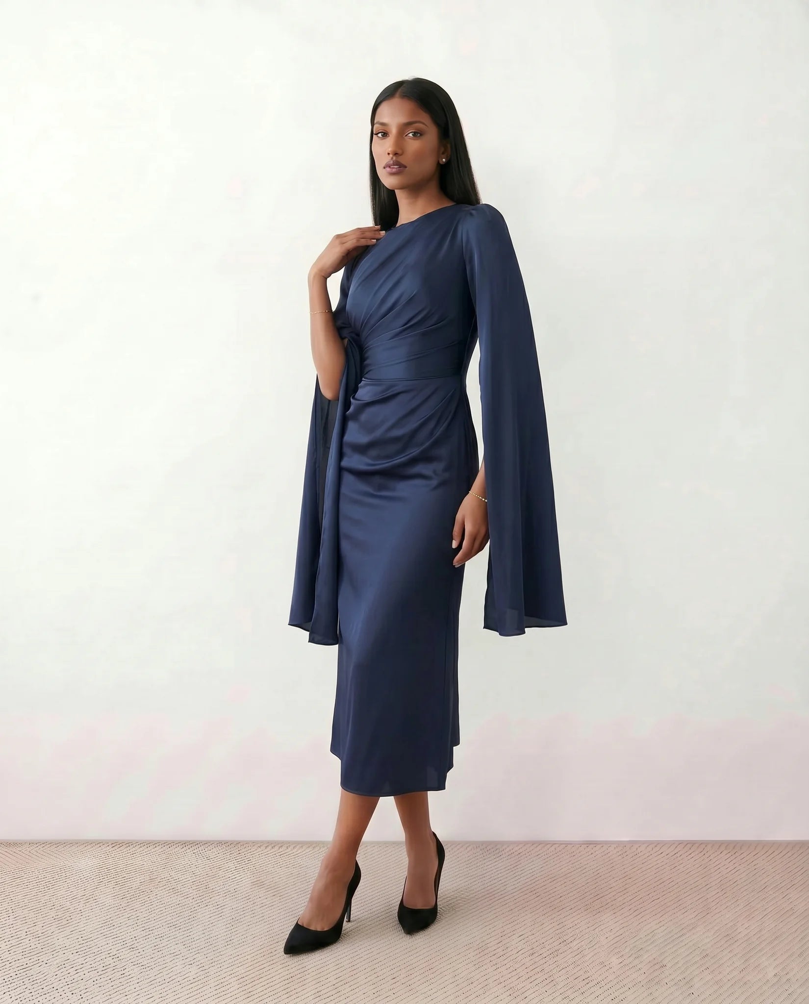 Kamila Wedding Guest Boat Neck Maxi Dress in Navy — side view