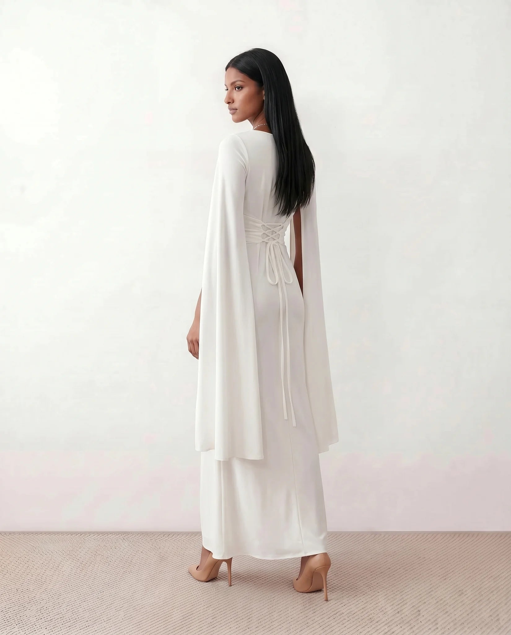 Kamila Wedding Guest Boat Neck Maxi Dress in White — back view