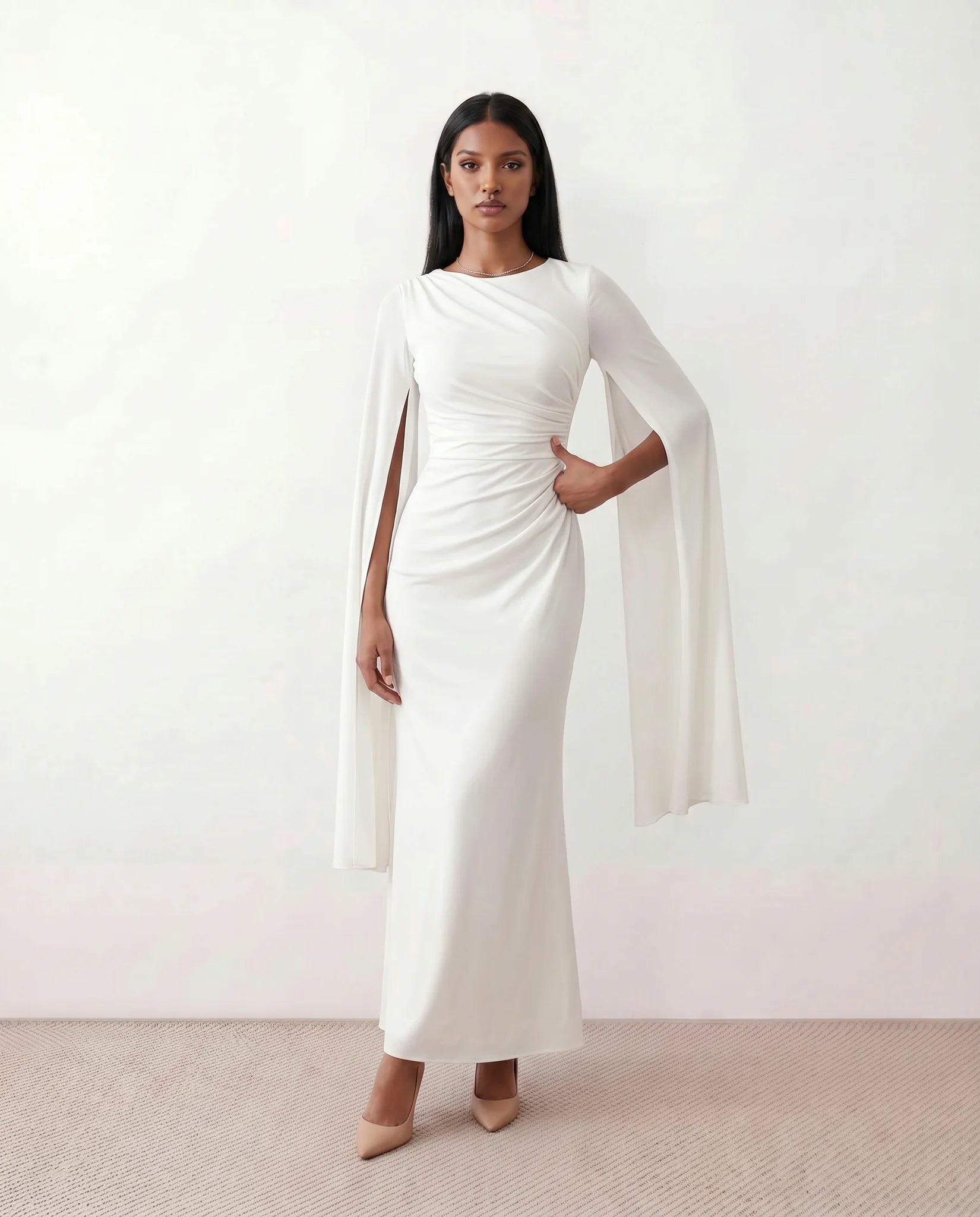 Kamila Wedding Guest Boat Neck Maxi Dress in White — front view