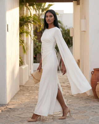 Kamila Wedding Guest Boat Neck Maxi Dress in White — lifestyle movement view