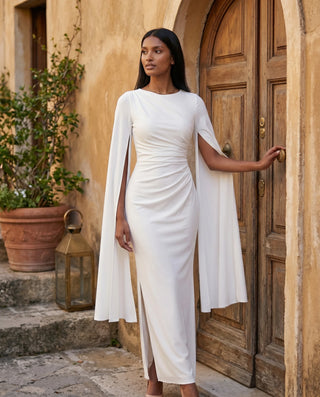 Kamila Wedding Guest Boat Neck Maxi Dress in White — lifestyle occasion view