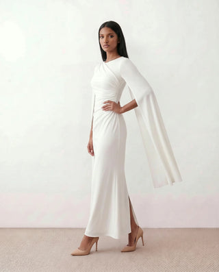 Kamila Wedding Guest Boat Neck Maxi Dress in White — side view