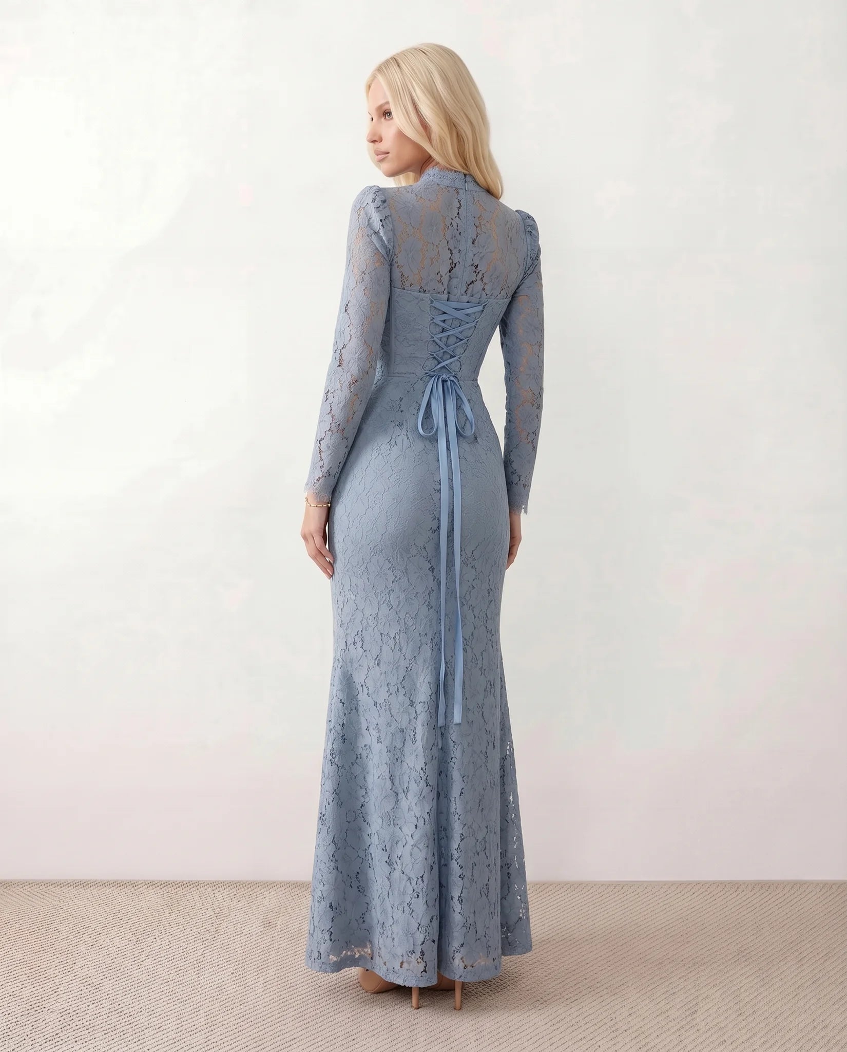 Kristine Wedding Guest Lace Maxi Dress in Floral Light Blue — back view