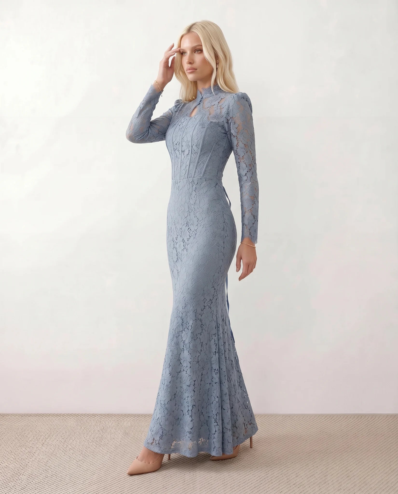 Kristine Wedding Guest Lace Maxi Dress in Floral Light Blue — side view
