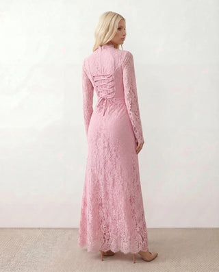 Kristine Wedding Guest Lace Maxi Dress in Floral Pink — back view