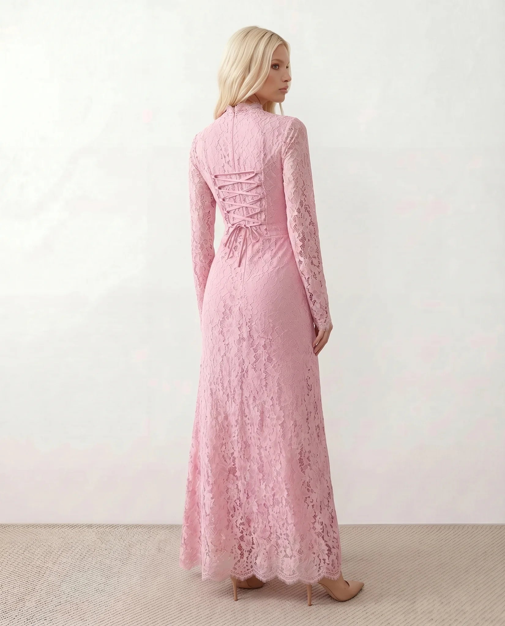 Kristine Wedding Guest Lace Maxi Dress in Floral Pink — back view