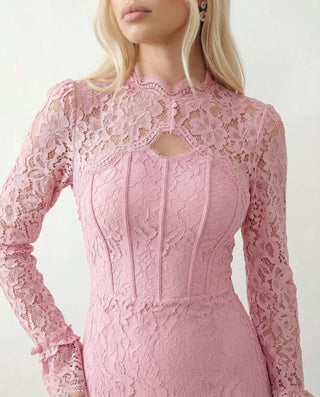 Kristine Wedding Guest Lace Maxi Dress in Floral Pink — detail close-up