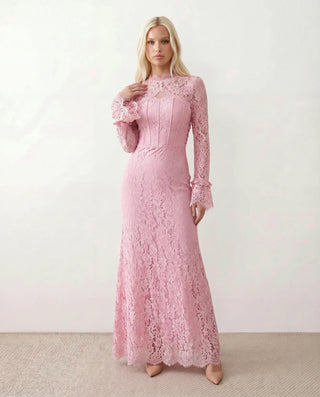 Kristine Wedding Guest Lace Maxi Dress in Floral Pink — front view