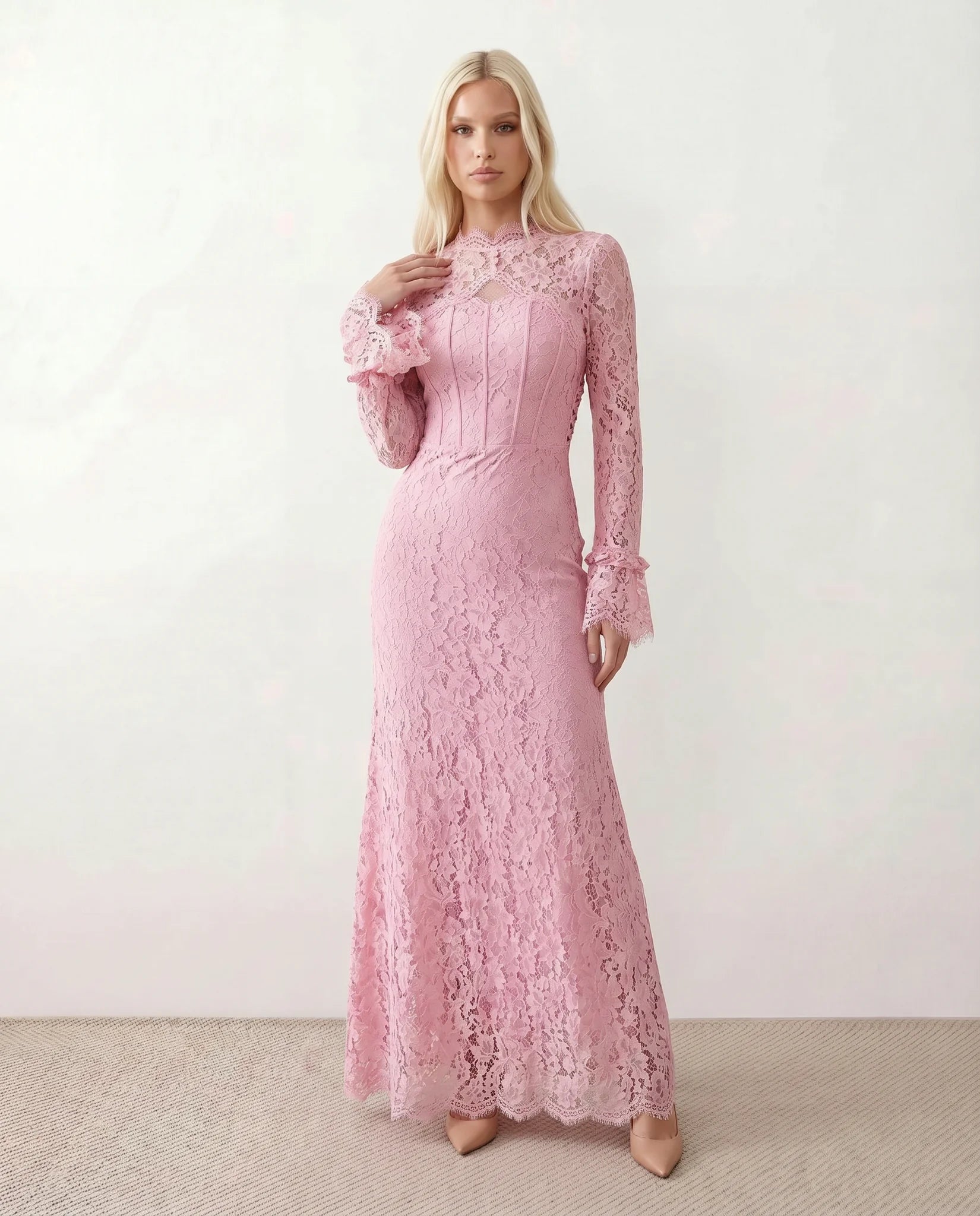 Kristine Wedding Guest Lace Maxi Dress in Floral Pink — front view