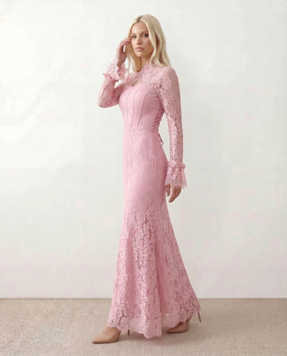 Kristine Wedding Guest Lace Maxi Dress in Floral Pink — side view