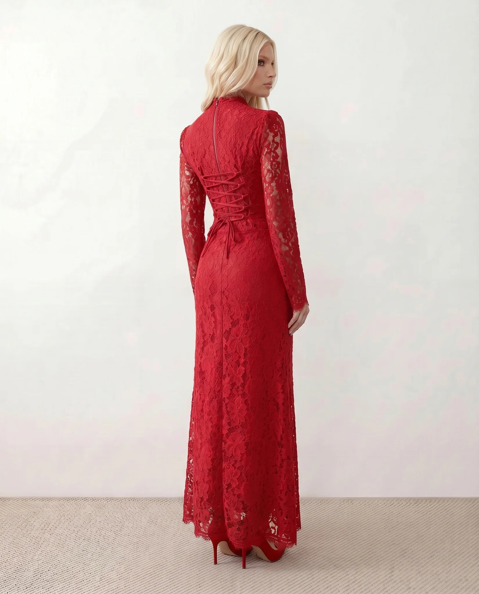 Kristine Wedding Guest Lace Maxi Dress in Floral Red — back view