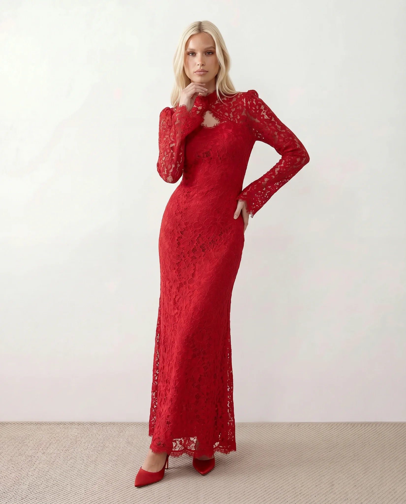 Kristine Wedding Guest Lace Maxi Dress in Floral Red — front view