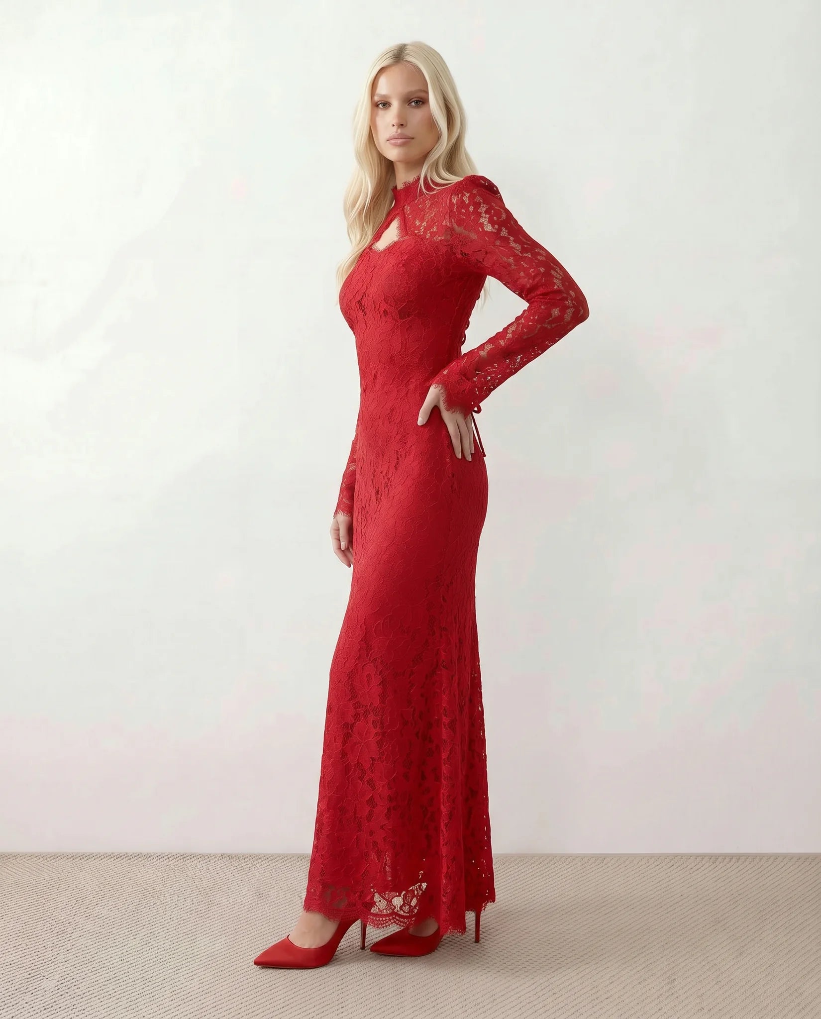 Kristine Wedding Guest Lace Maxi Dress in Floral Red — side view