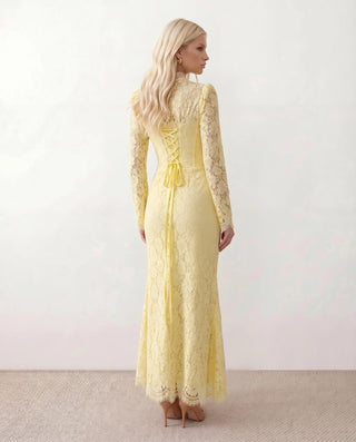 Kristine Wedding Guest Lace Maxi Dress in Floral Yellow — back view