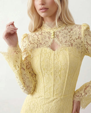 Kristine Wedding Guest Lace Maxi Dress in Floral Yellow — detail close-up