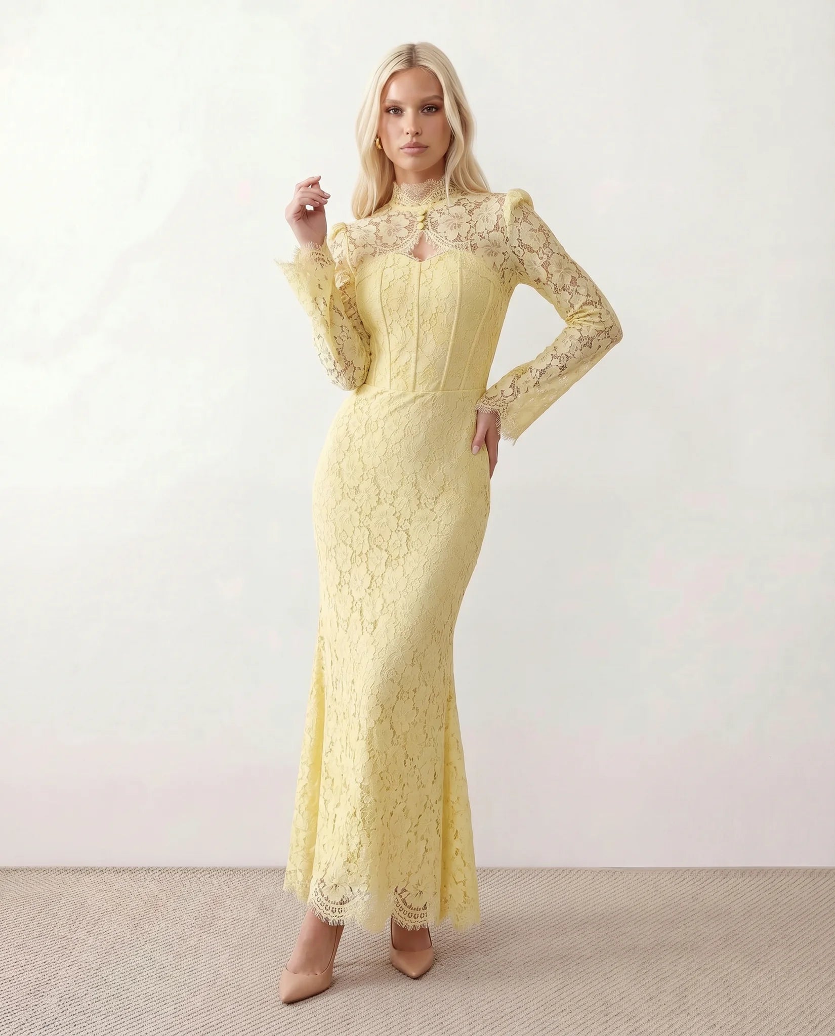 Kristine Wedding Guest Lace Maxi Dress in Floral Yellow — front view