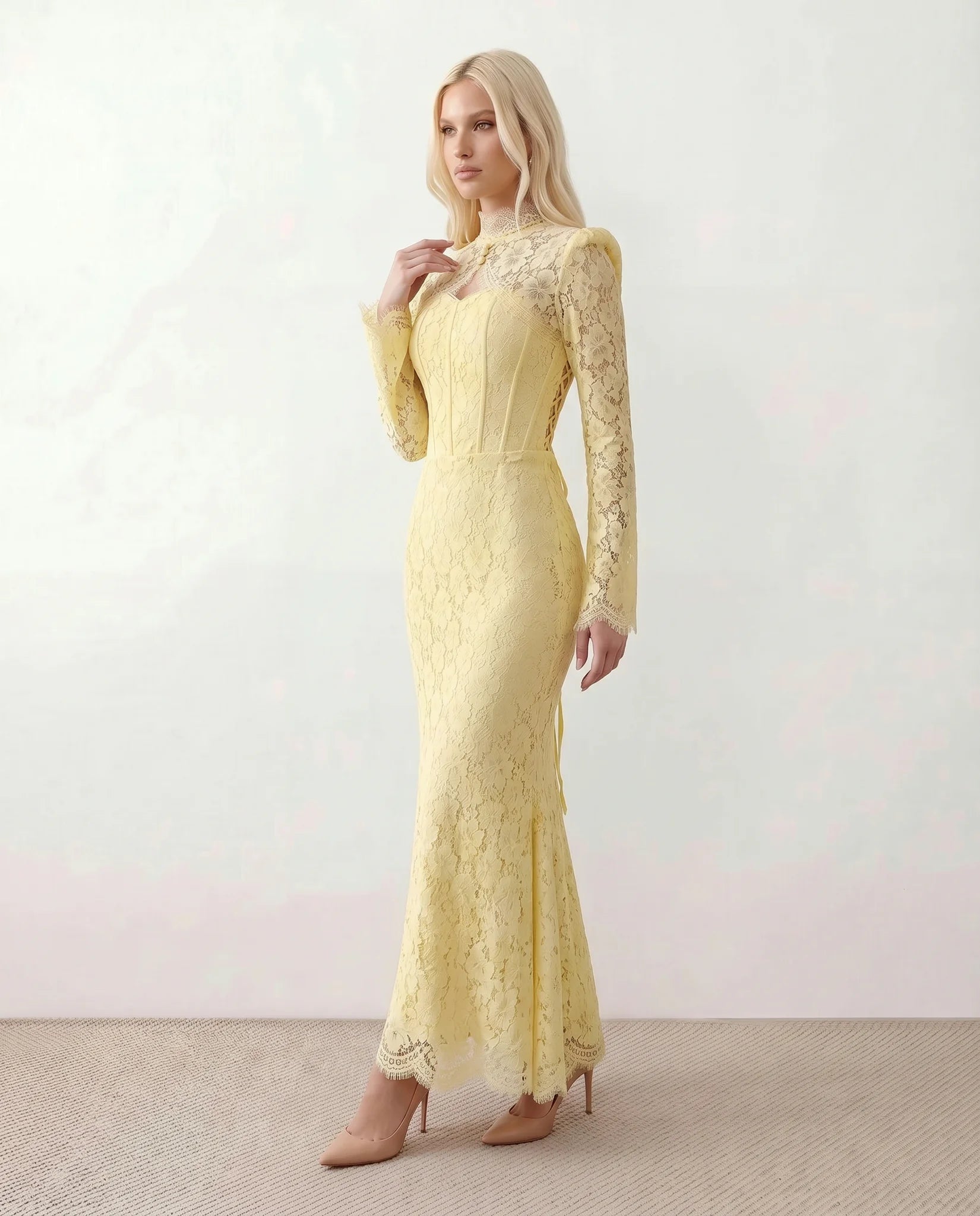 Kristine Wedding Guest Lace Maxi Dress in Floral Yellow — side view