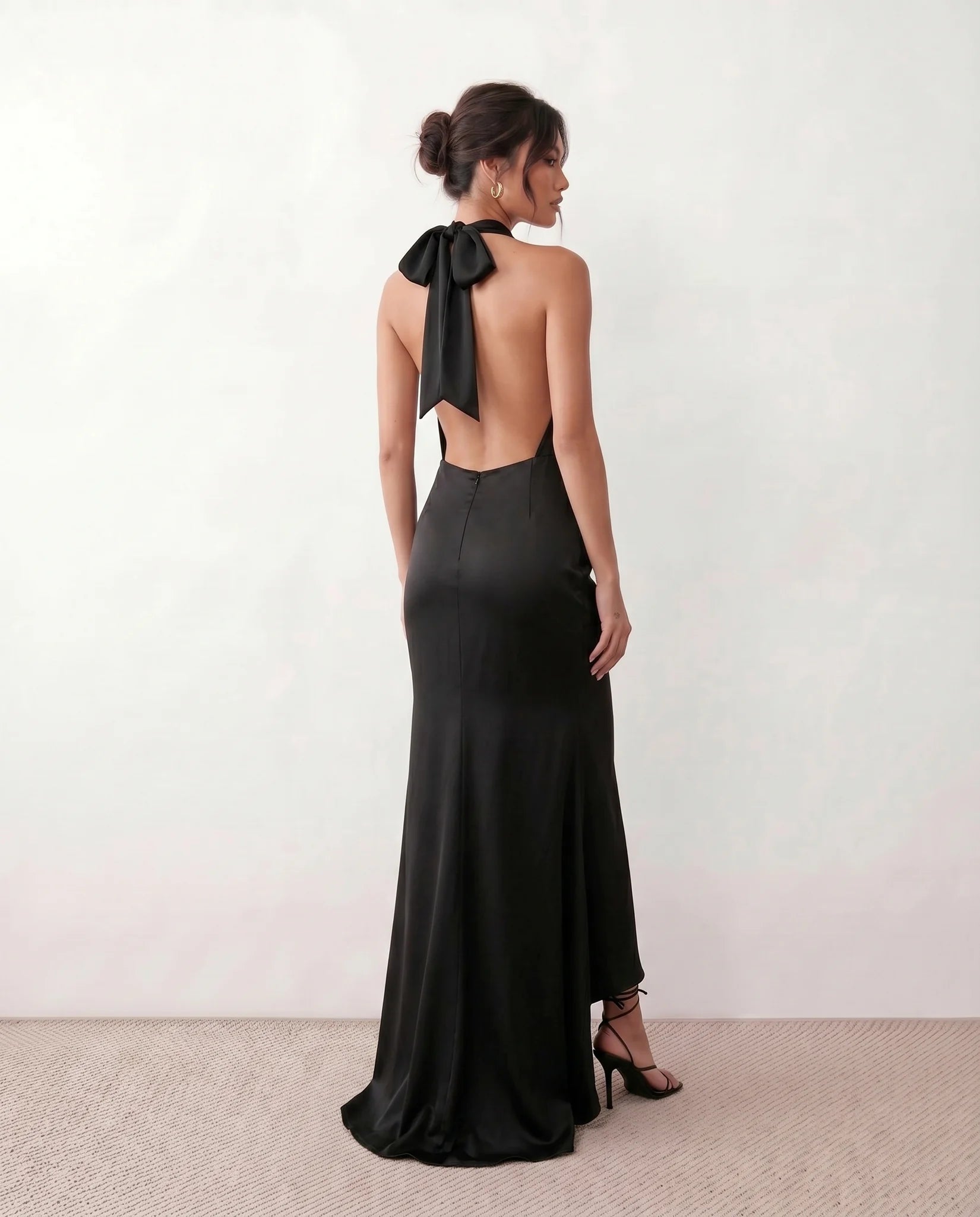 Georgina Formal Satin Maxi Dress in Black — back view
