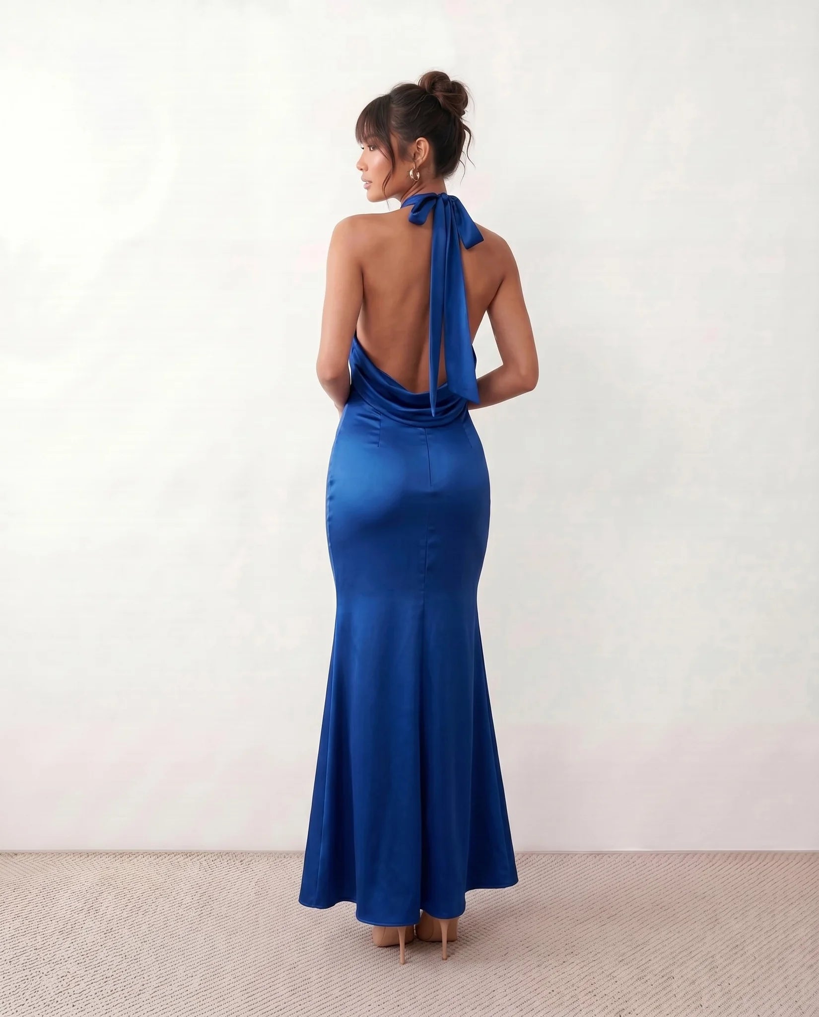 Georgina Formal Satin Maxi Dress in Blue — back view
