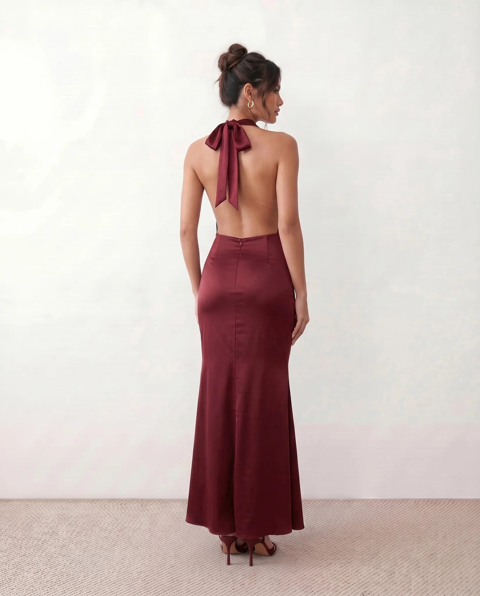 Georgina Formal Satin Maxi Dress in Burgundy — back view