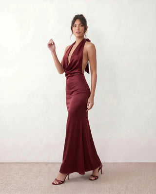 Georgina Formal Satin Maxi Dress in Burgundy — side view