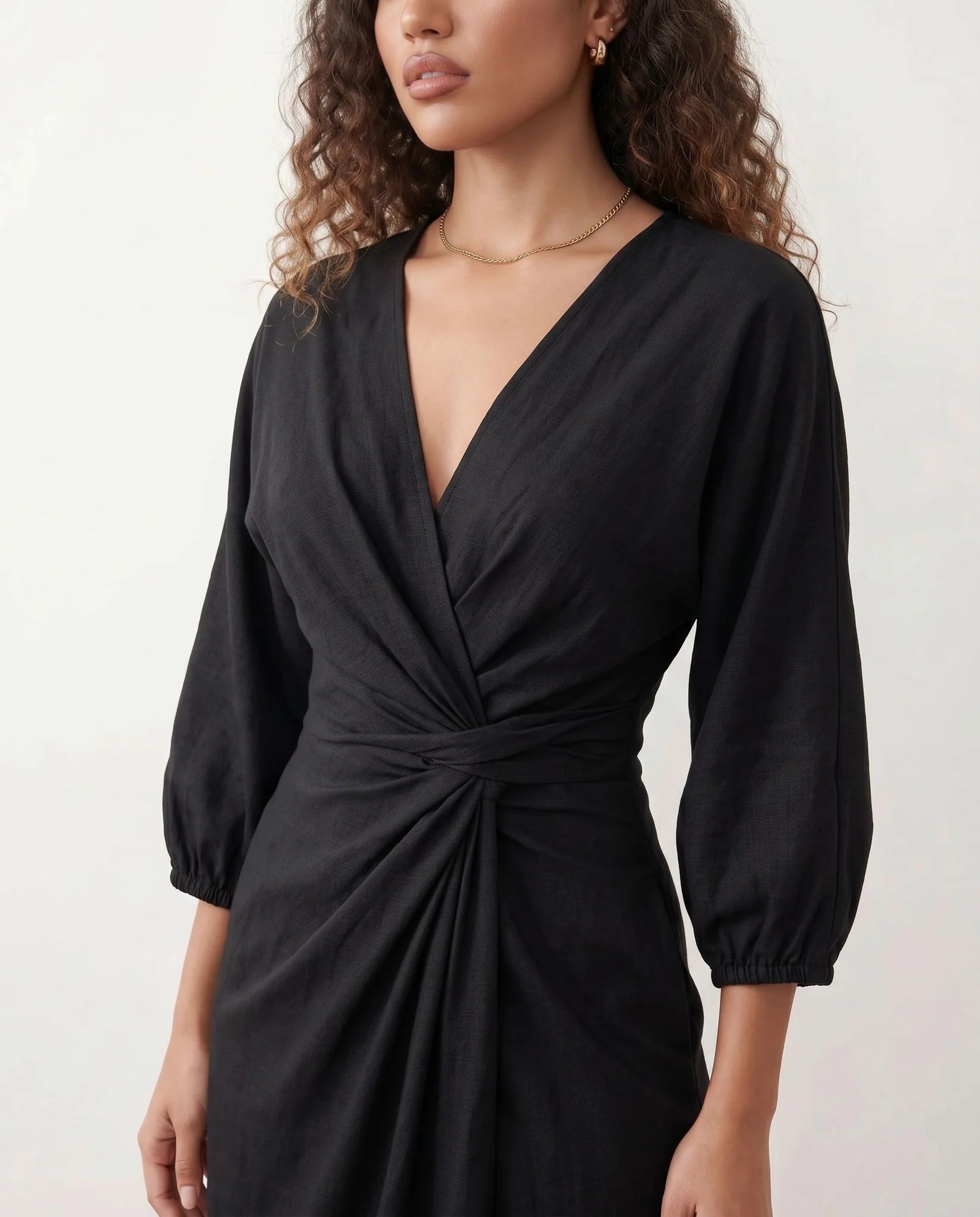 Nelida Wedding Guest Wrap Neck Maxi Dress in Black — detail close-up