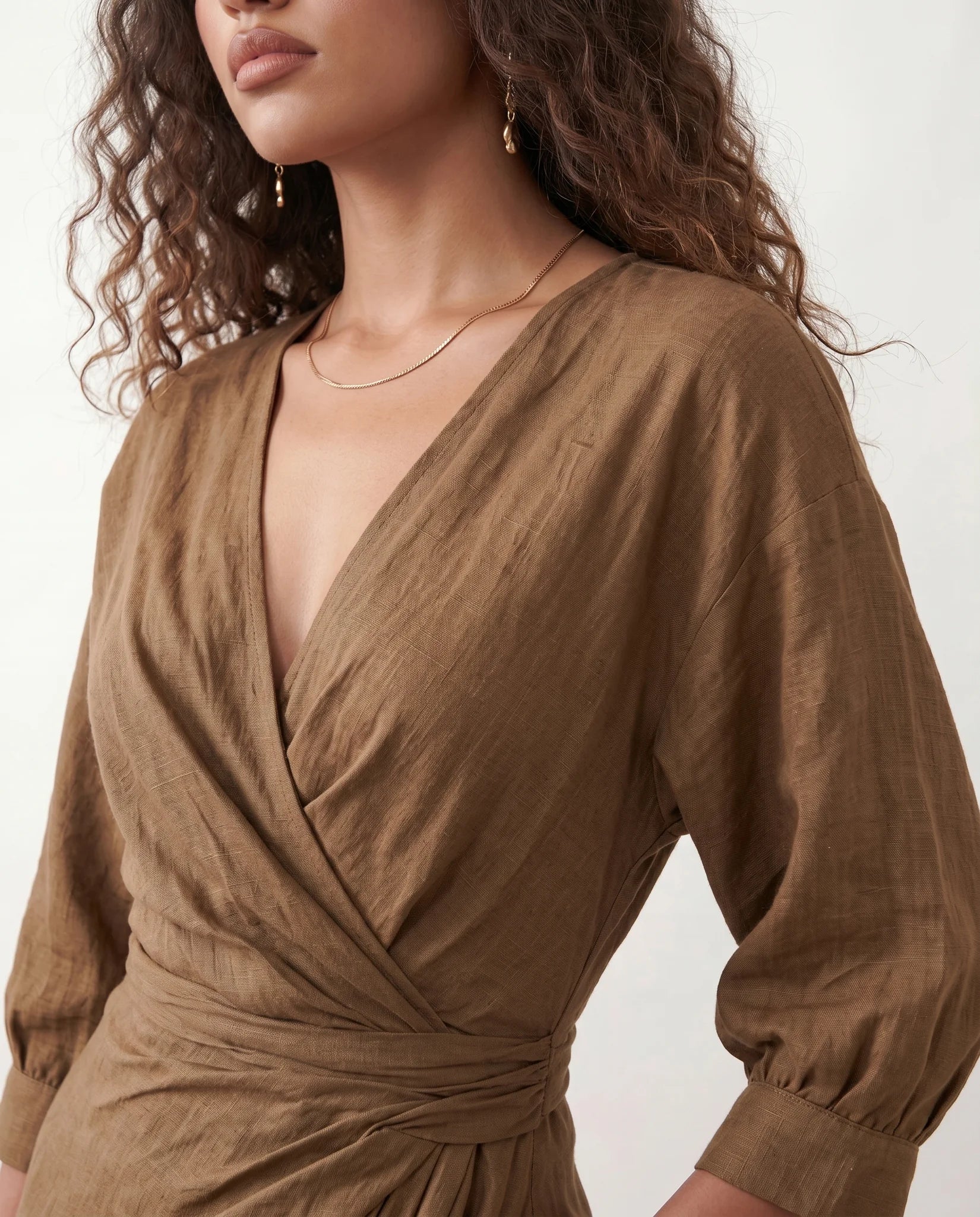 Nelida Wedding Guest Wrap Neck Maxi Dress in Brown — detail close-up