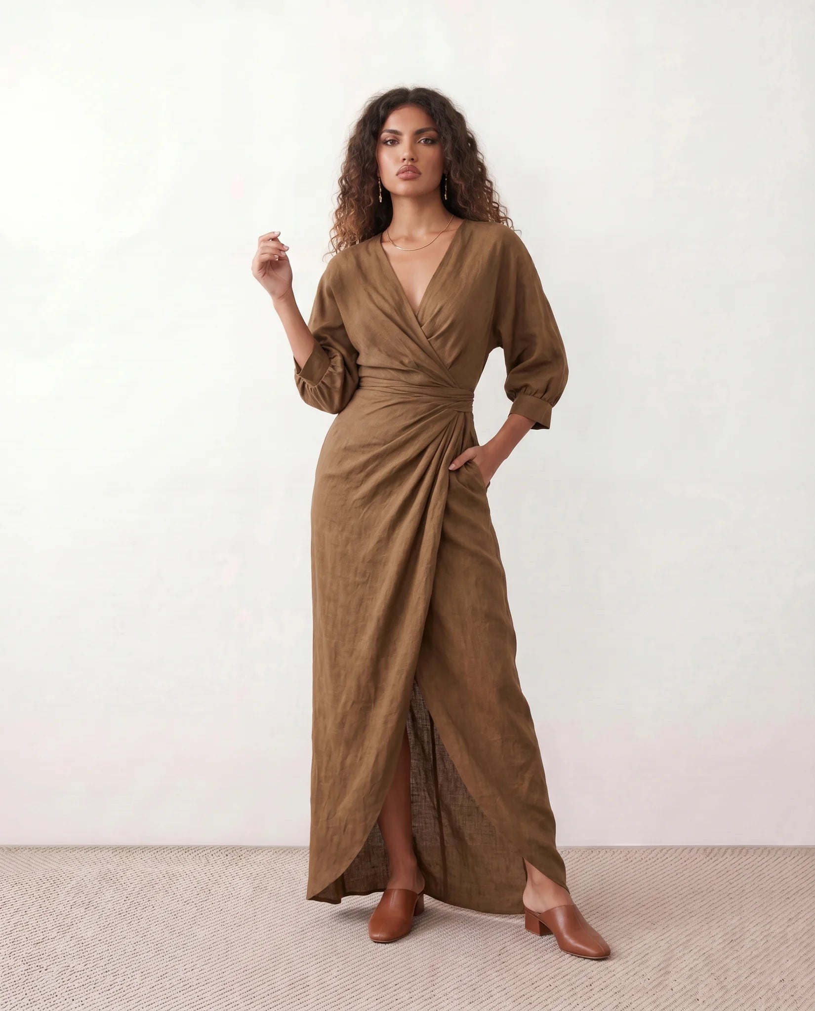 Nelida Wedding Guest Wrap Neck Maxi Dress in Brown — front view
