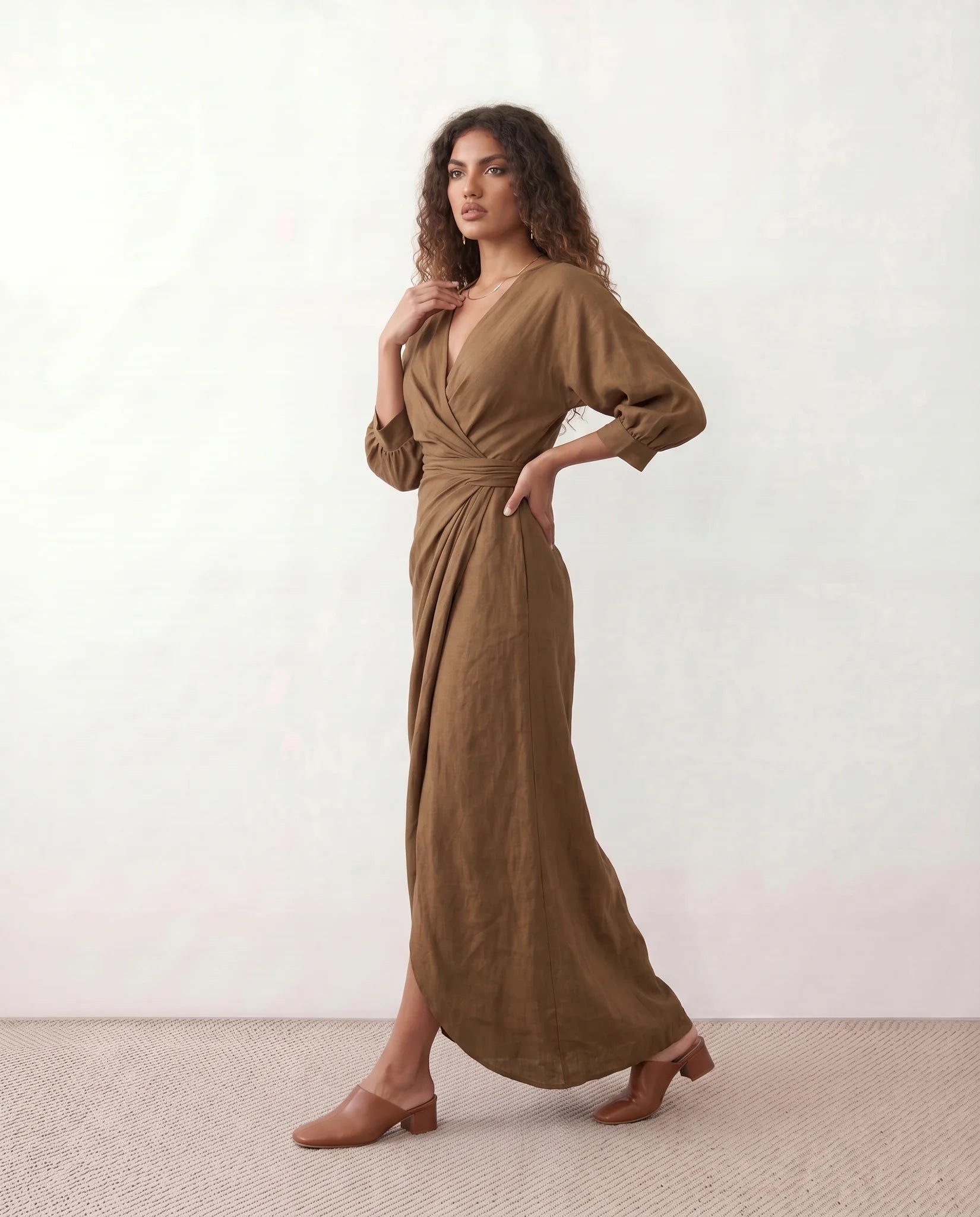 Nelida Wedding Guest Wrap Neck Maxi Dress in Brown — side view