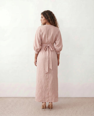 Nelida Wedding Guest Wrap Neck Maxi Dress in Pink — back view
