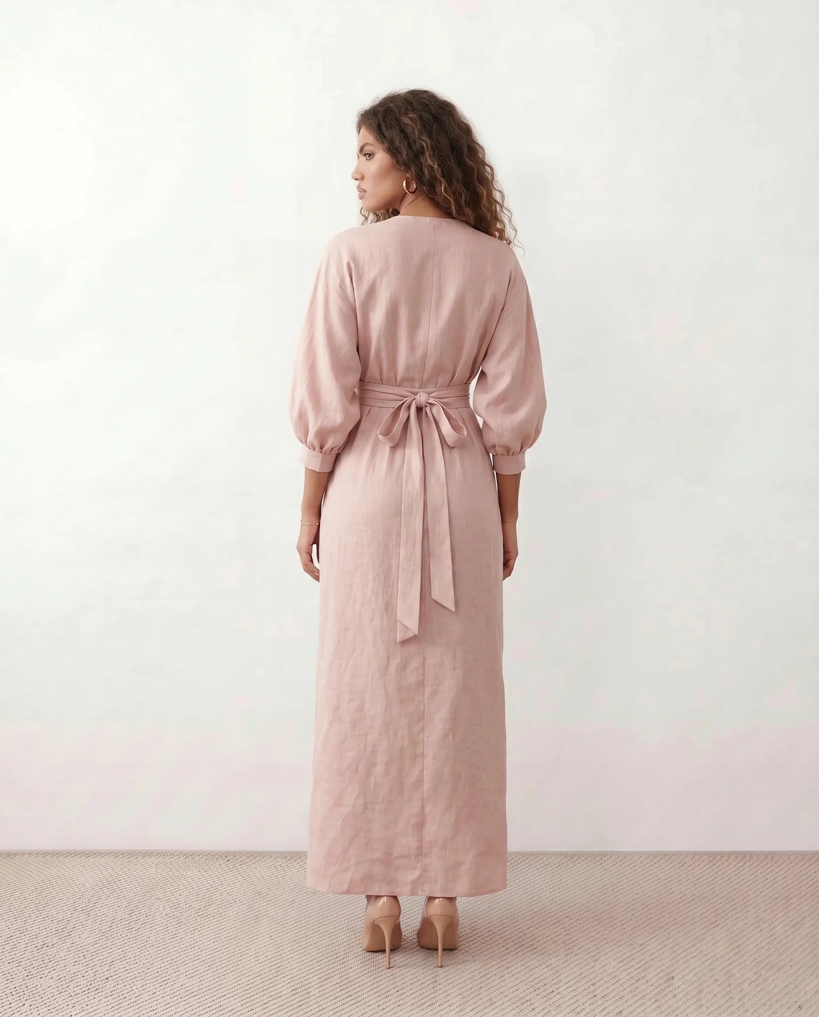 Nelida Wedding Guest Wrap Neck Maxi Dress in Pink — back view