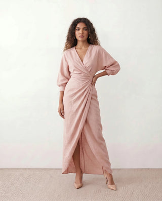Nelida Wedding Guest Wrap Neck Maxi Dress in Pink — front view